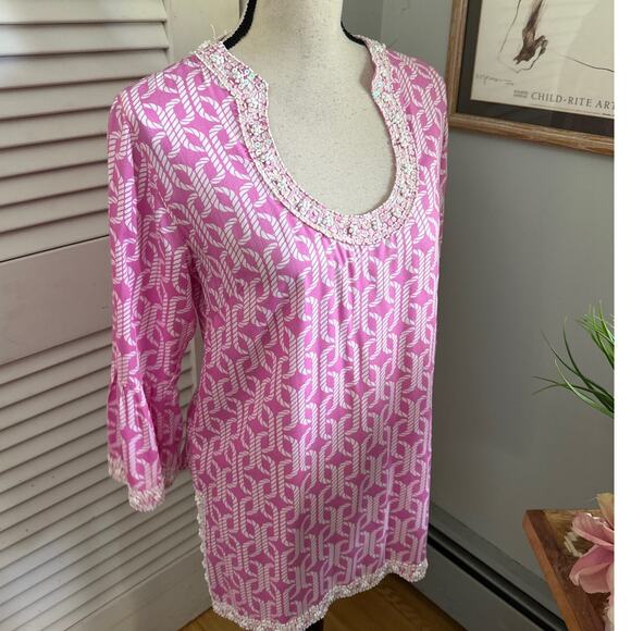 ESCAPADA Womens Tunic Pink Beaded Beach Preppy Coastal Resort Summer SMALL - Picture 4 of 11